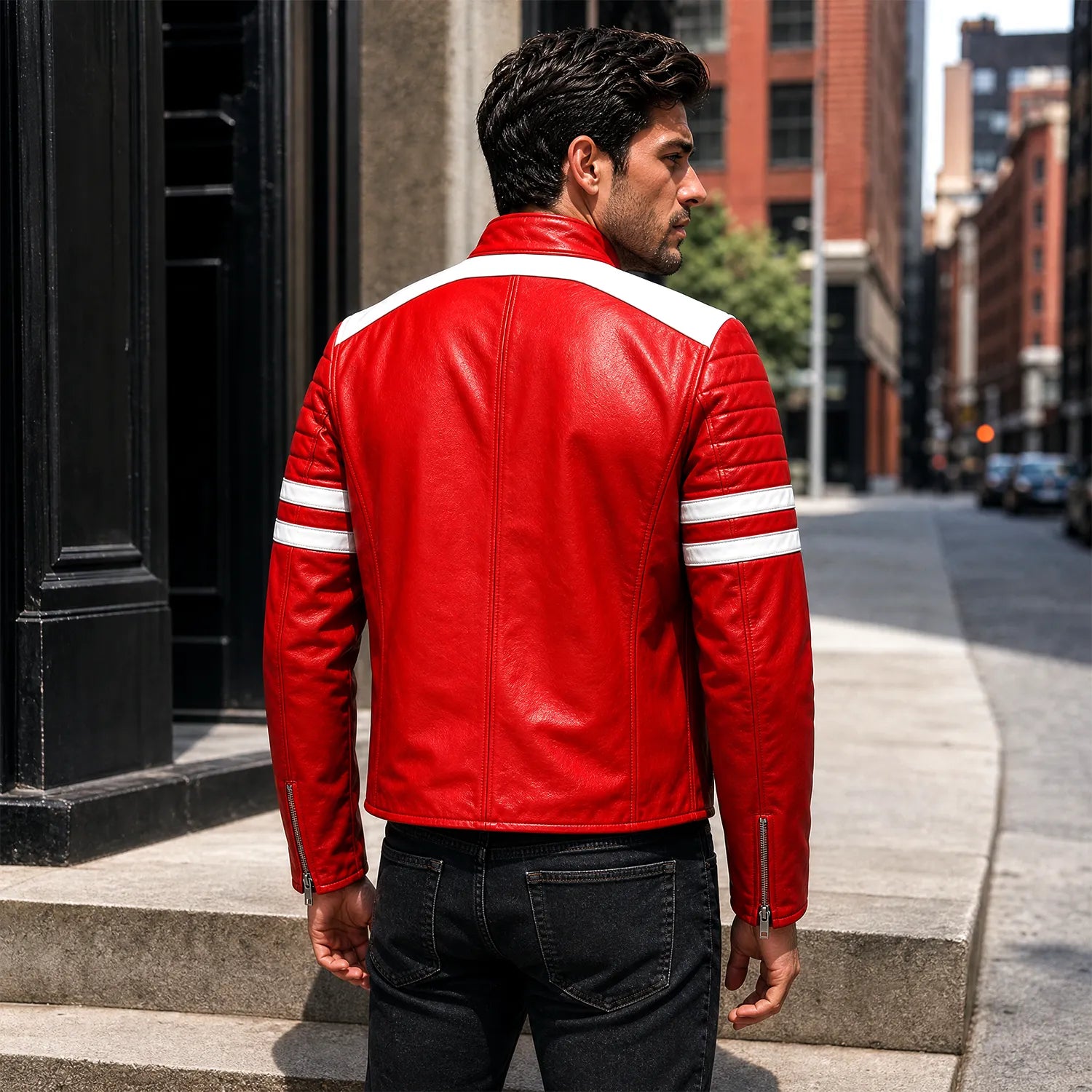 Men’s Red Leather Racing Jacket | Vintage 90s Inspired Motorcycle Biker Jacket