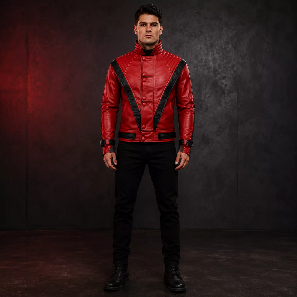 Men’s Red and Black Retro Leather Jacket  Fashion Biker Style Outerwear
