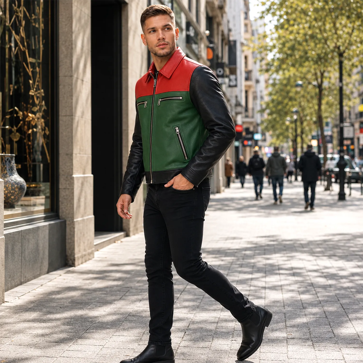 Men’s Retro Colorblock Leather Jacket | Zip Front Racer Style