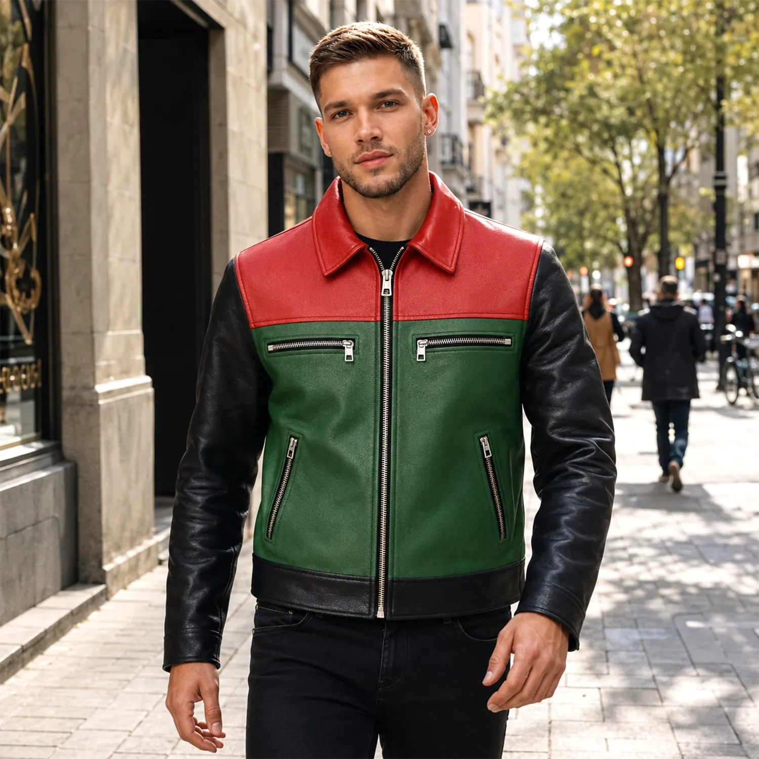 Men’s Retro Colorblock Leather Jacket | Zip Front Racer Style