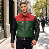 Men’s Retro Colorblock Leather Jacket | Zip Front Racer Style
