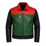 Men’s Retro Colorblock Leather Jacket | Zip Front Racer Style
