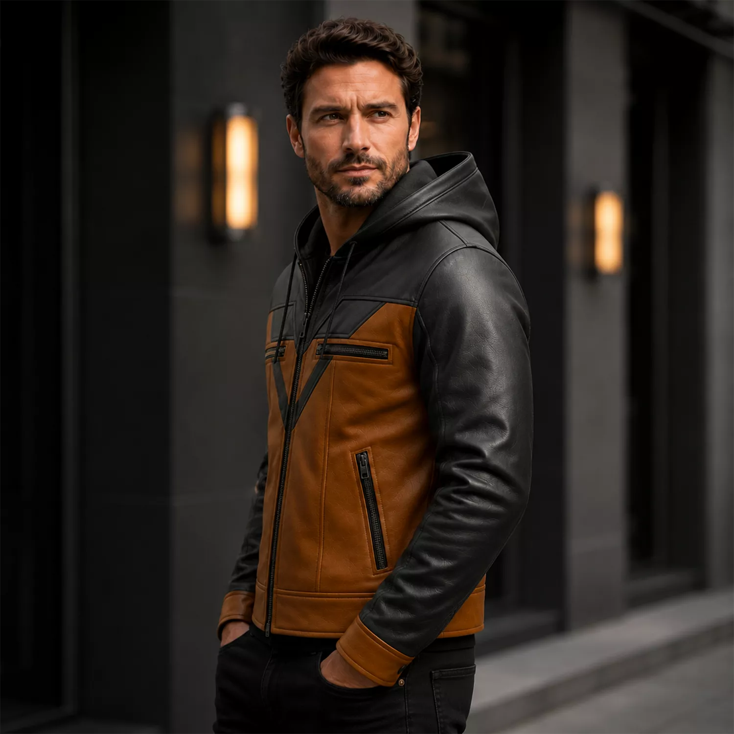 Men’s Tan Black Hooded Leather Biker Jacket | Zip-Up Moto Jacket
