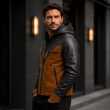 Men’s Tan Black Hooded Leather Biker Jacket | Zip-Up Moto Jacket