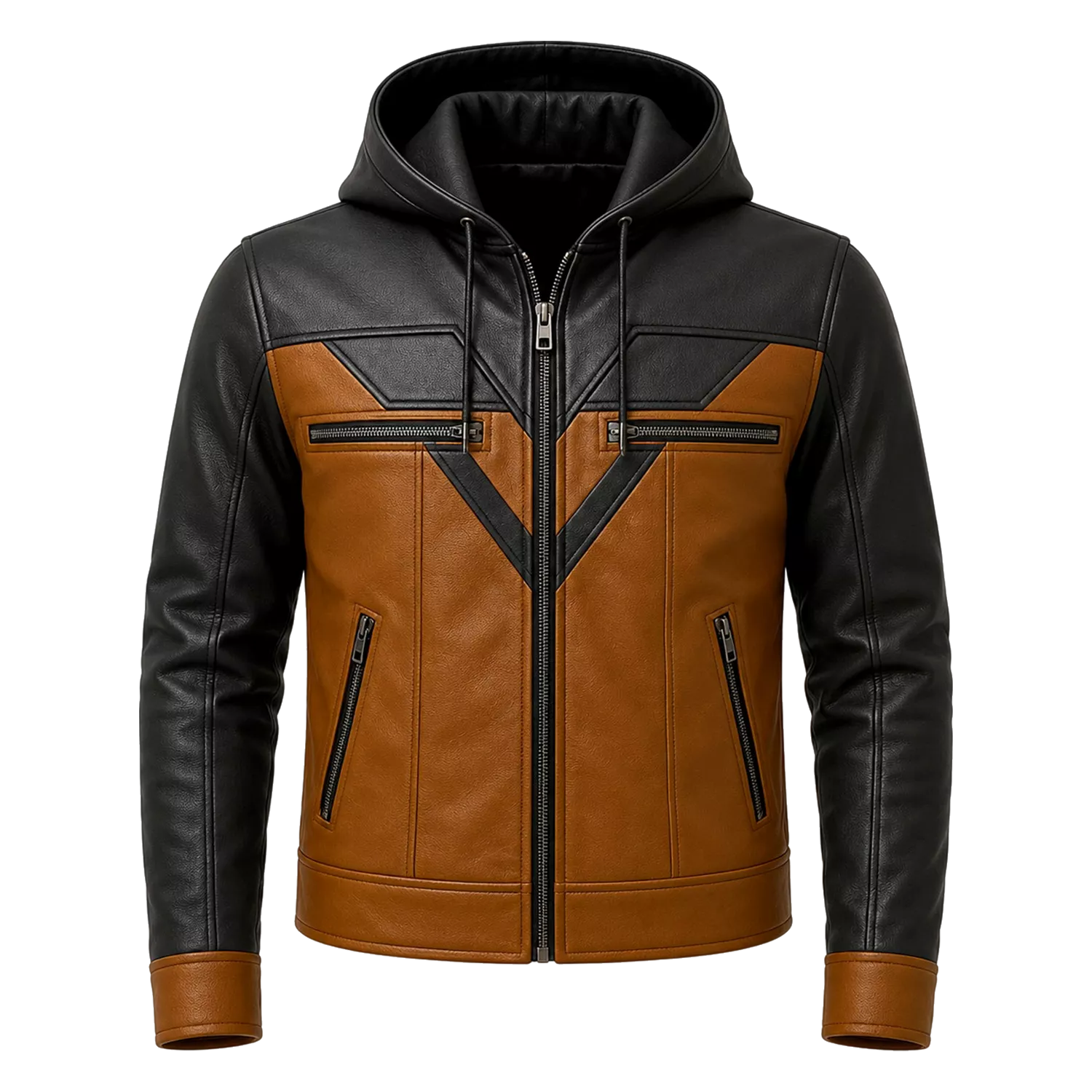 Men’s Tan Black Hooded Leather Biker Jacket | Zip-Up Moto Jacket