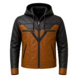 Men’s Tan Black Hooded Leather Biker Jacket | Zip-Up Moto Jacket