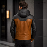 Men’s Tan Black Hooded Leather Biker Jacket | Zip-Up Moto Jacket
