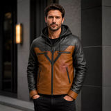 Men’s Tan Black Hooded Leather Biker Jacket | Zip-Up Moto Jacket