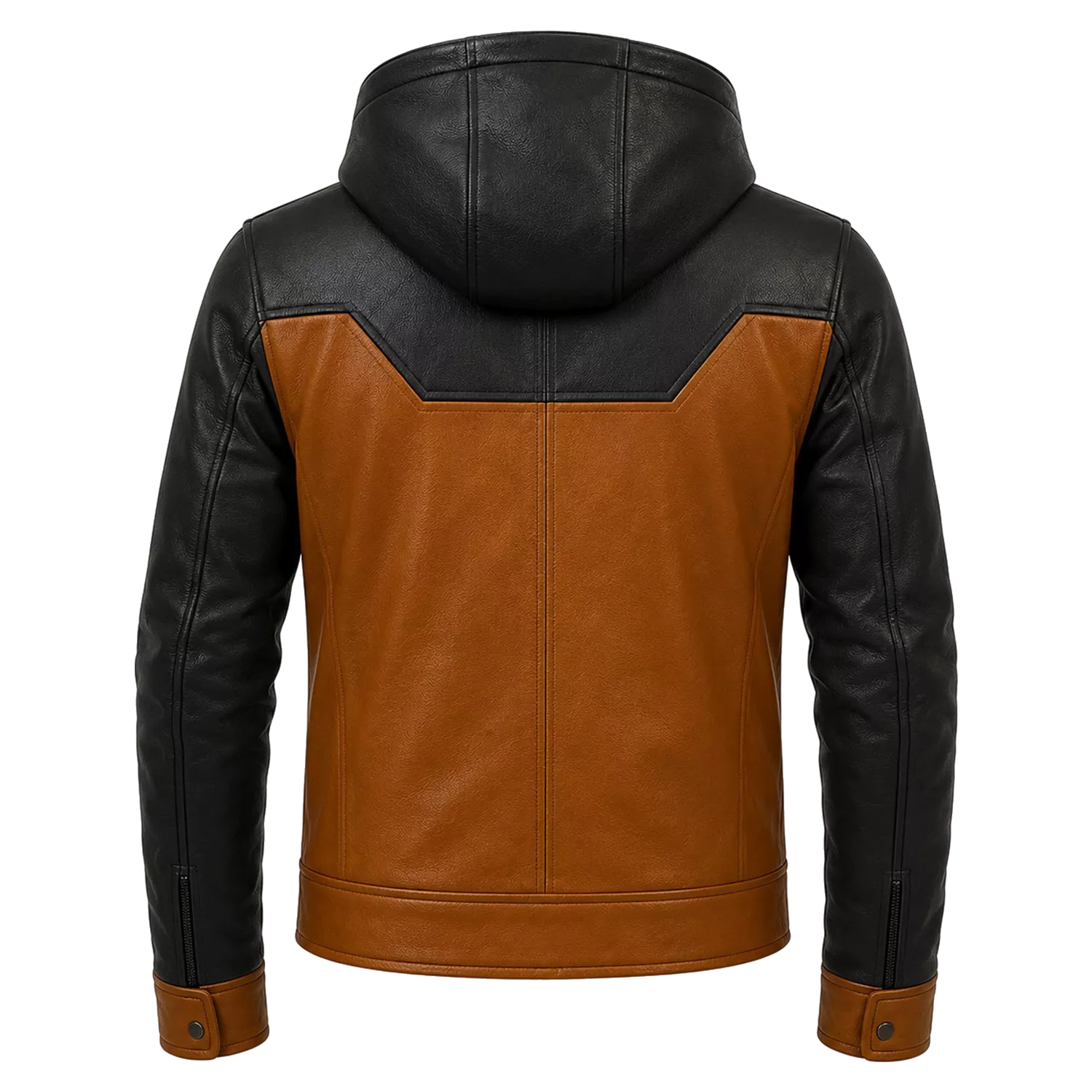 Men’s Tan Black Hooded Leather Biker Jacket | Zip-Up Moto Jacket