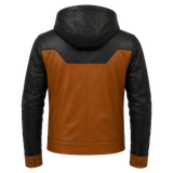 Men’s Tan Black Hooded Leather Biker Jacket | Zip-Up Moto Jacket
