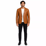 Men's Tan Brown Leather Blazer | Classic Notch Lapel Blazer