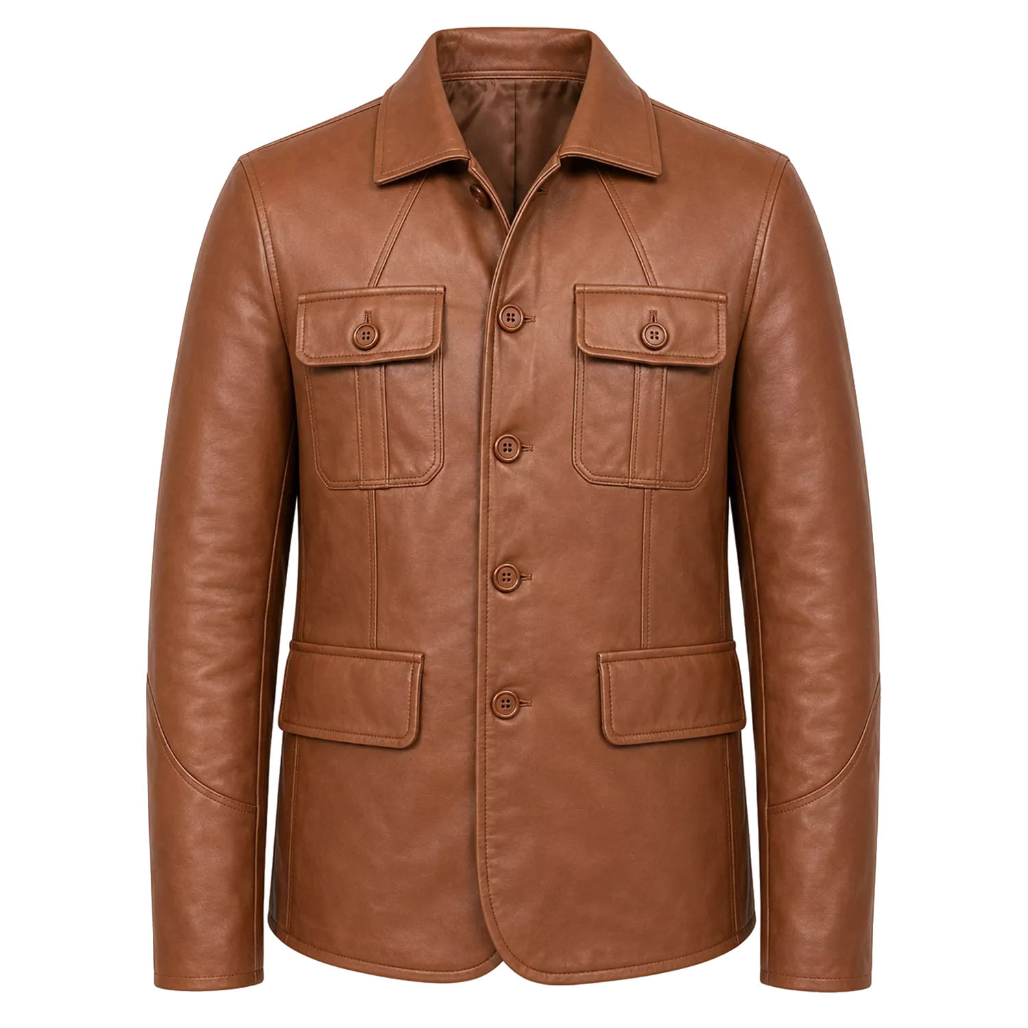 Men’s Tan Brown Leather Safari Blazer Jacket | Button-Up Utility Coat