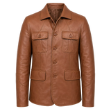 Men’s Tan Brown Leather Safari Blazer Jacket | Button-Up Utility Coat