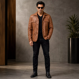 Men’s Tan Brown Leather Safari Blazer Jacket | Button-Up Utility Coat