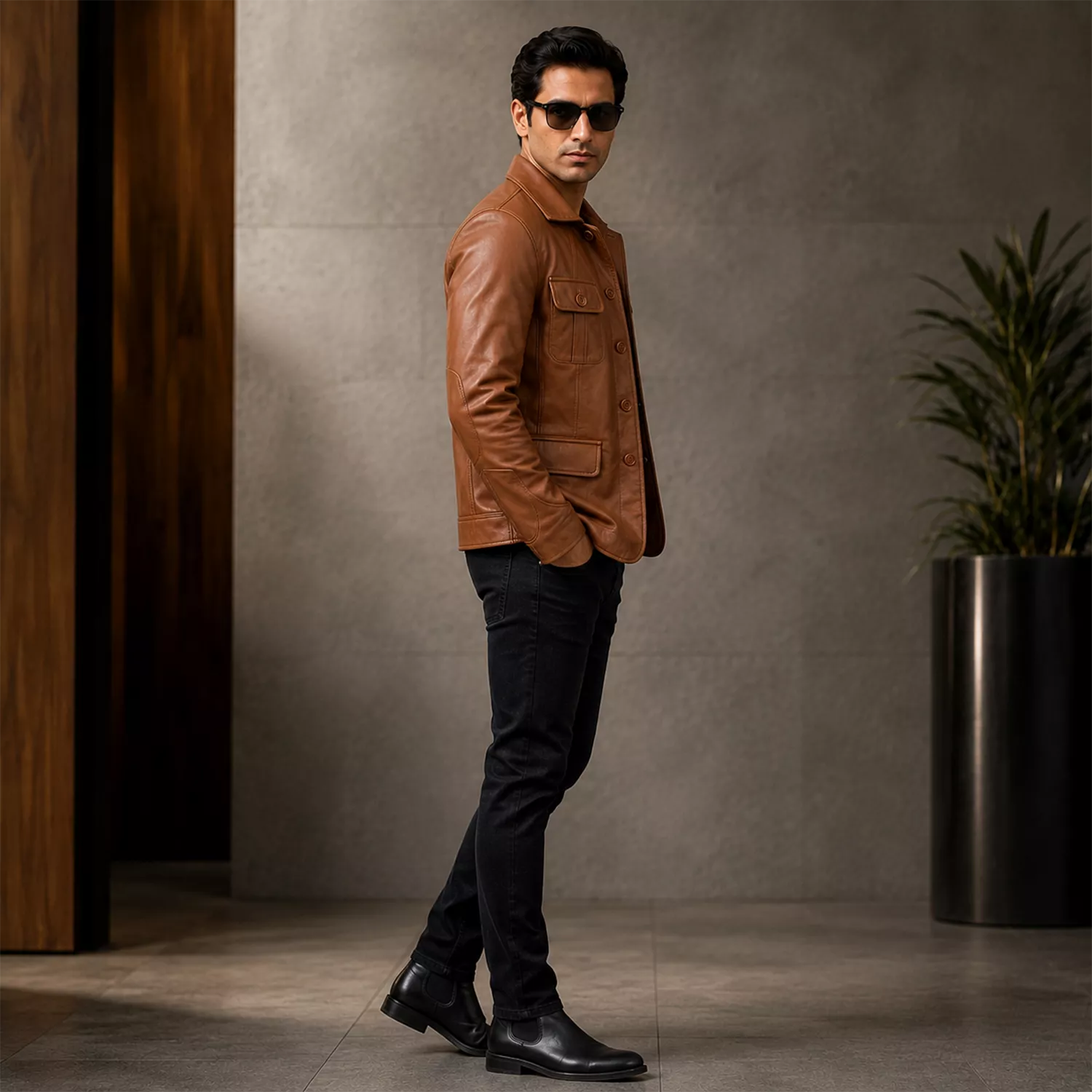 Men’s Tan Brown Leather Safari Blazer Jacket | Button-Up Utility Coat