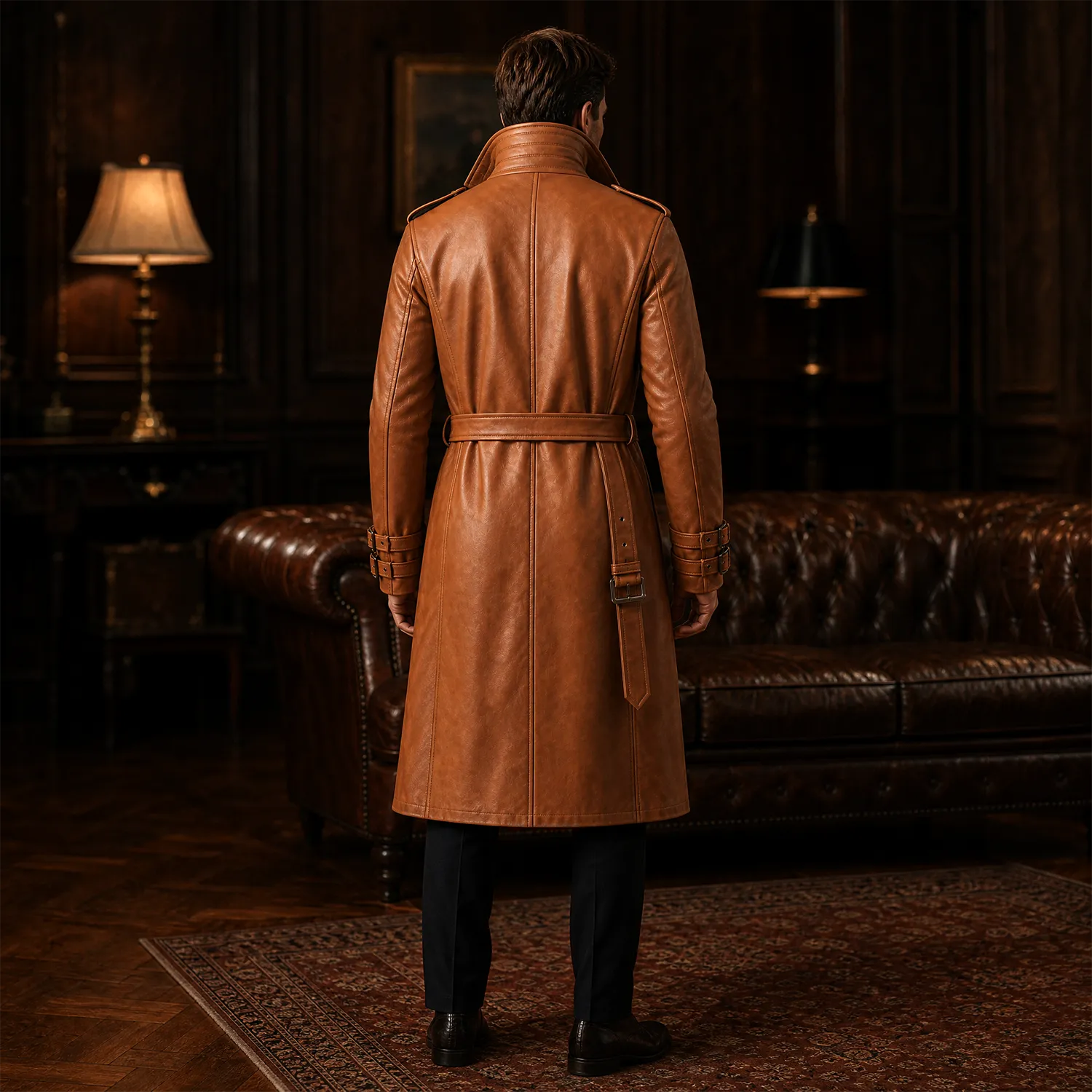 Men’s Tan Brown Leather Trench Coat | Belted Longline Classic Style