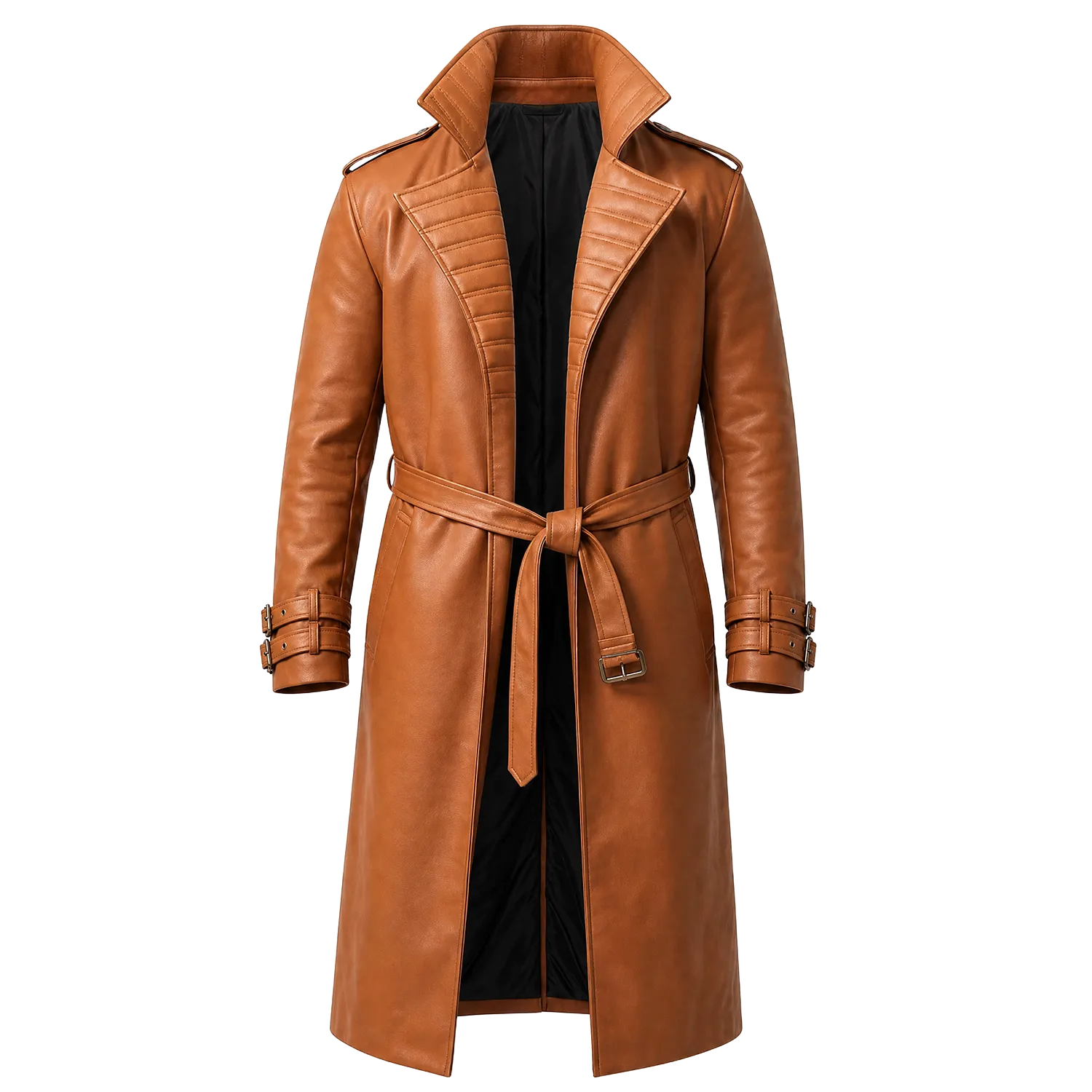 Men’s Tan Brown Leather Trench Coat | Belted Longline Classic Style