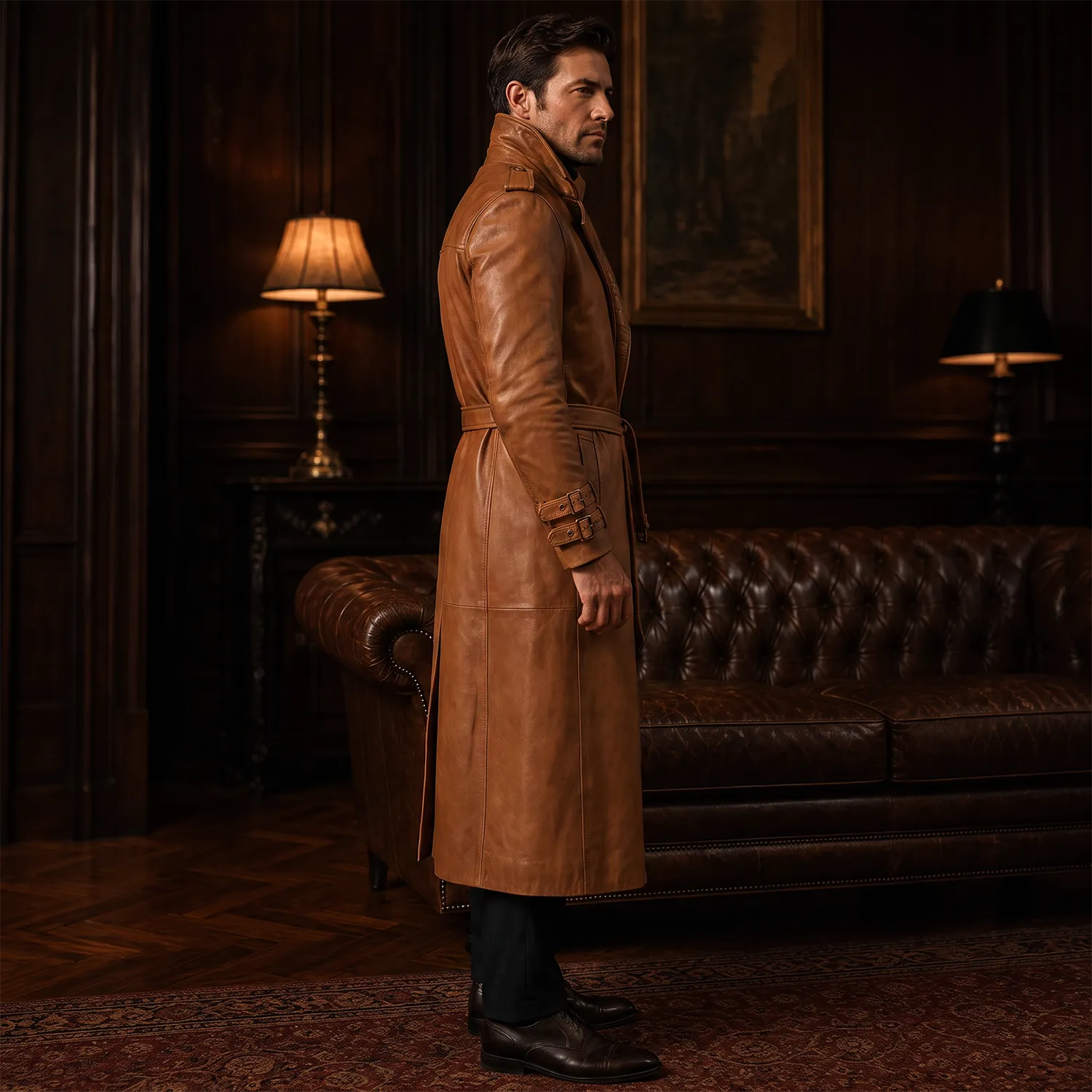Men’s Tan Brown Leather Trench Coat | Belted Longline Classic Style
