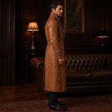 Men’s Tan Brown Leather Trench Coat | Belted Longline Classic Style