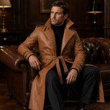 Men’s Tan Brown Leather Trench Coat | Belted Longline Classic Style