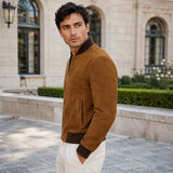 Men’s Tan Brown Suede Bomber Jacket | Ribbed Collar Zip-Up Jacket