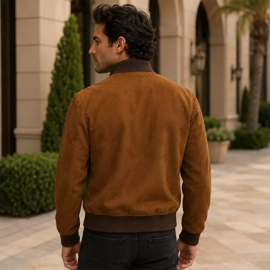 Men’s Tan Brown Suede Bomber Jacket | Ribbed Collar Zip-Up Jacket