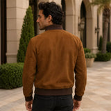 Men’s Tan Brown Suede Bomber Jacket | Ribbed Collar Zip-Up Jacket