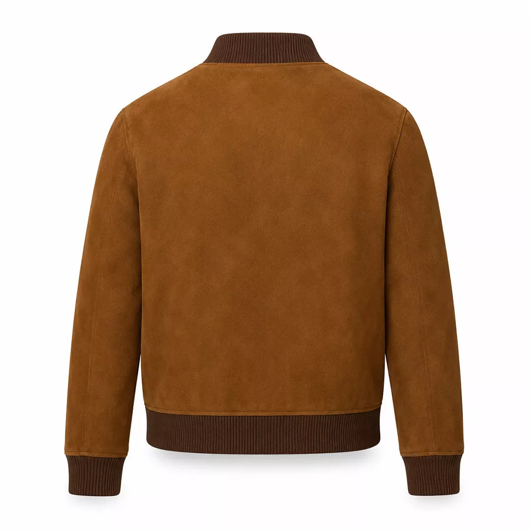 Men’s Tan Brown Suede Bomber Jacket | Ribbed Collar Zip-Up Jacket