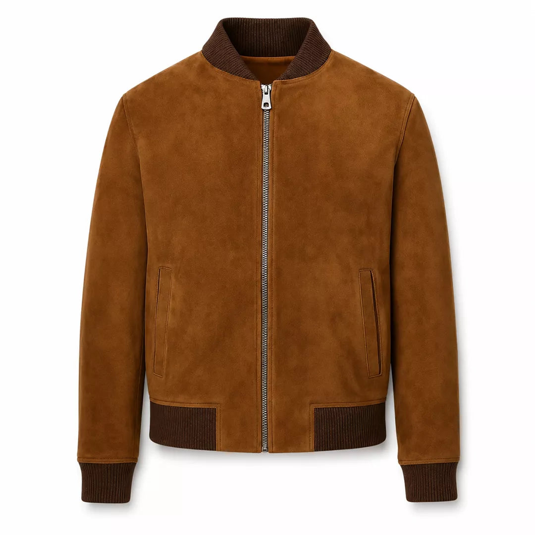Men’s Tan Brown Suede Bomber Jacket | Ribbed Collar Zip-Up Jacket