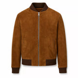 Men’s Tan Brown Suede Bomber Jacket | Ribbed Collar Zip-Up Jacket