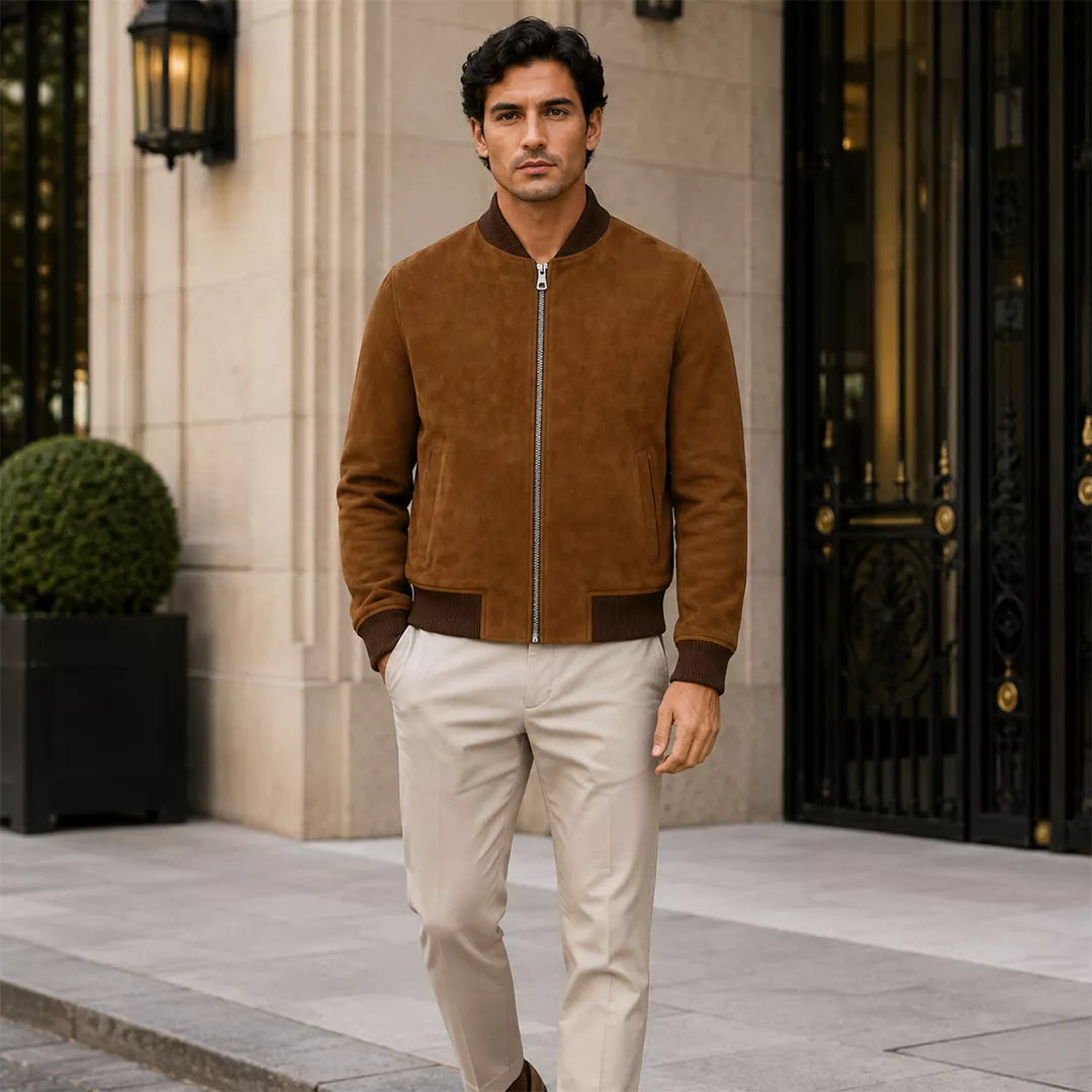 Men’s Tan Brown Suede Bomber Jacket | Ribbed Collar Zip-Up Jacket