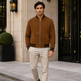 Men’s Tan Brown Suede Bomber Jacket | Ribbed Collar Zip-Up Jacket
