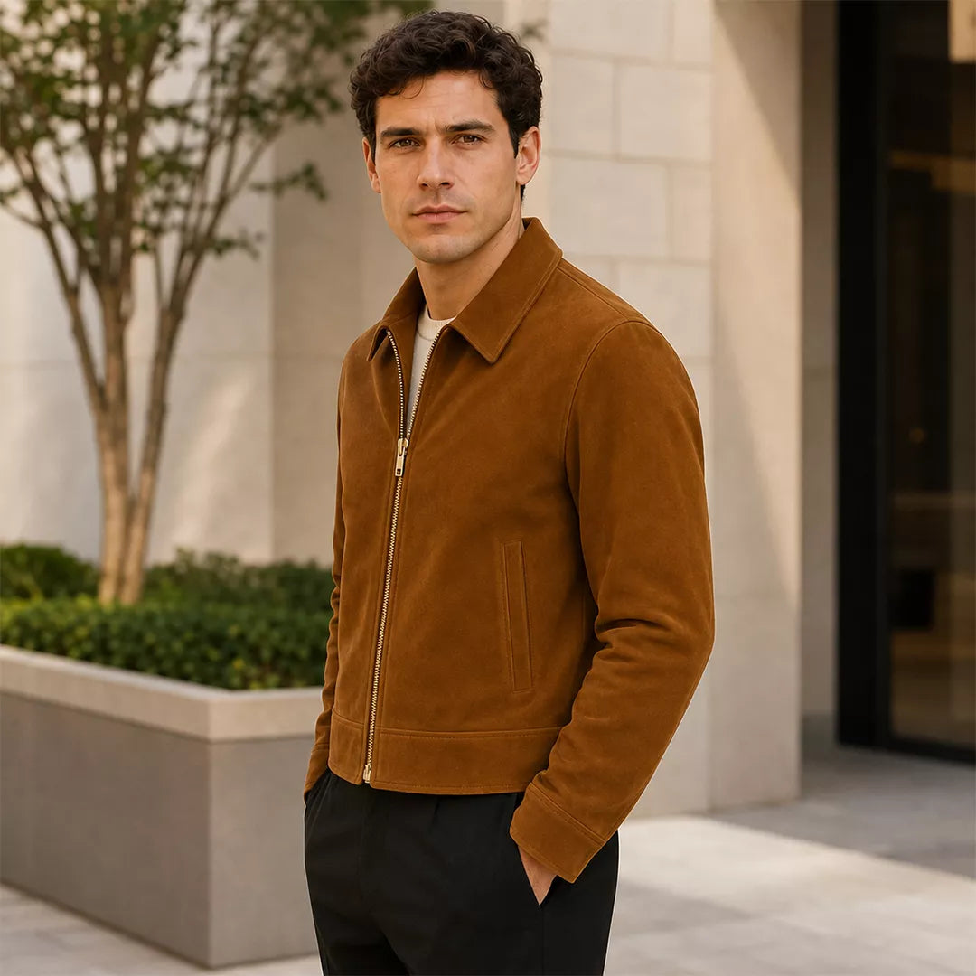 Men’s Tan Brown Suede Trucker Jacket | Zip-Up Collared Casual Jacket