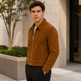 Men’s Tan Brown Suede Trucker Jacket | Zip-Up Collared Casual Jacket