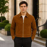 Men’s Tan Brown Suede Trucker Jacket | Zip-Up Collared Casual Jacket