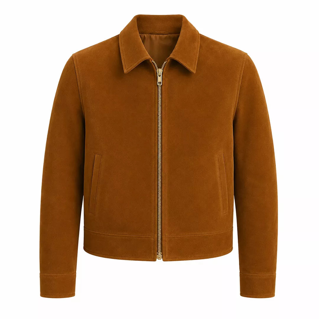 Men’s Tan Brown Suede Trucker Jacket | Zip-Up Collared Casual Jacket