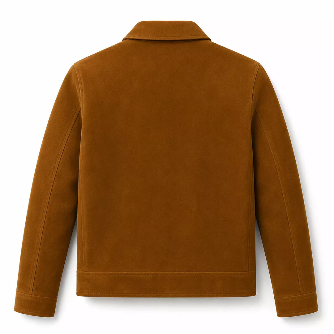 Men’s Tan Brown Suede Trucker Jacket | Zip-Up Collared Casual Jacket