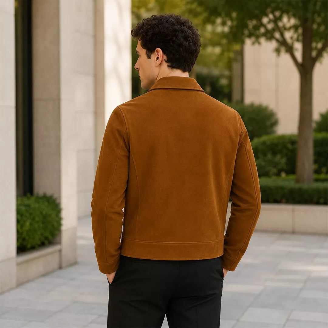 Men’s Tan Brown Suede Trucker Jacket | Zip-Up Collared Casual Jacket