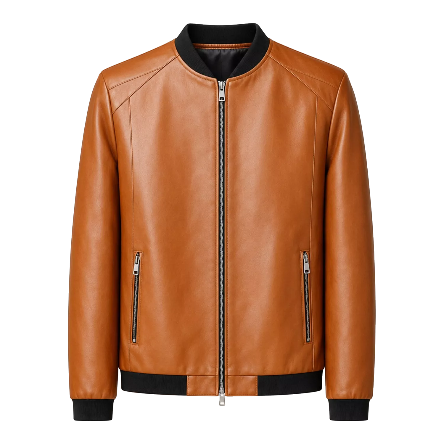 Men’s Camel Brown Leather Bomber Jacket with Black Ribbed Collar