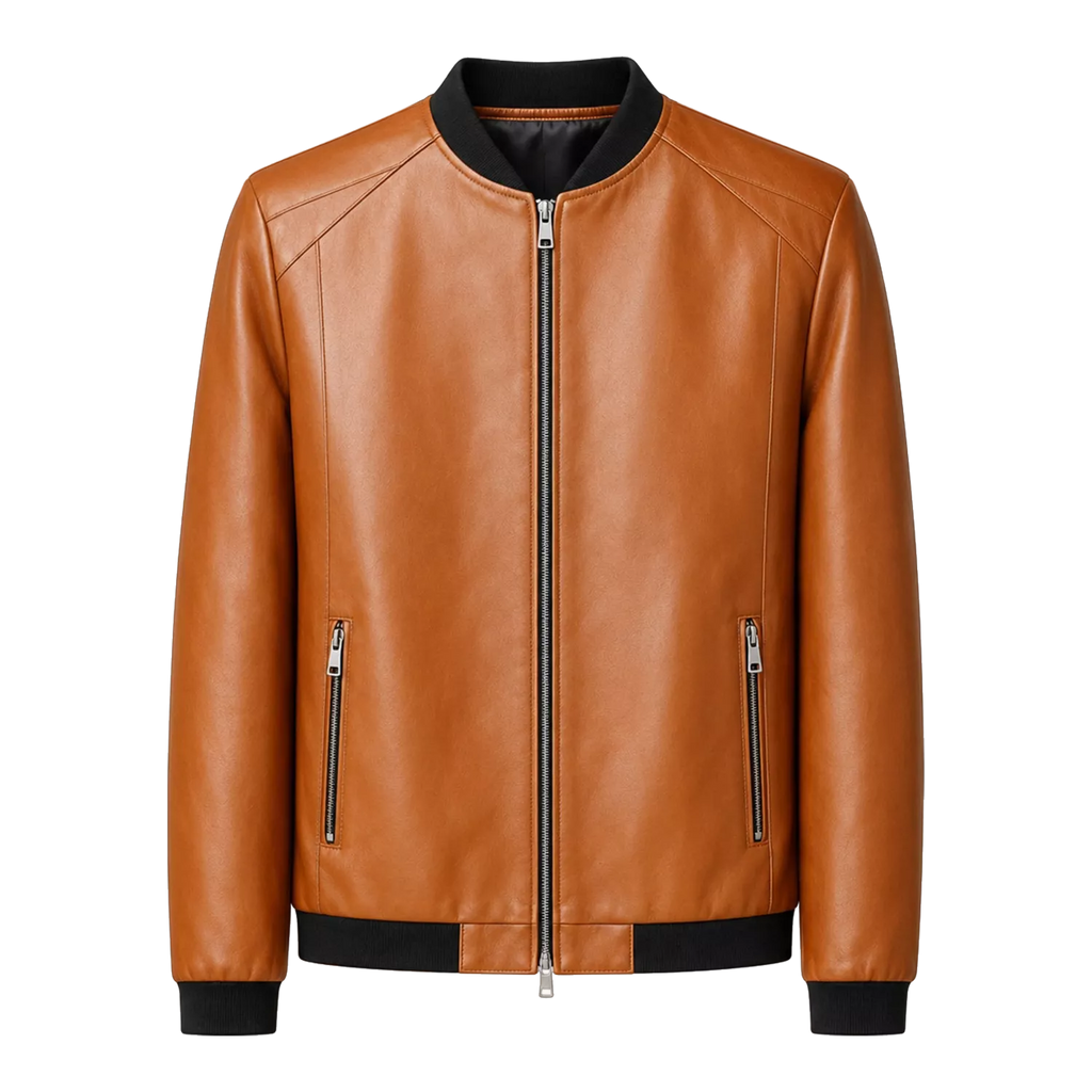 Men’s Tan Leather Bomber Jacket with Black Ribbed Collar & Zipper Pockets