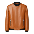 Men’s Tan Leather Bomber Jacket with Black Ribbed Collar & Zipper Pockets
