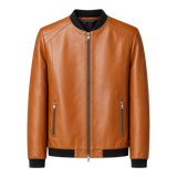 Men’s Camel Brown Leather Bomber Jacket with Black Ribbed Collar
