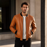 Men’s Camel Brown Leather Bomber Jacket with Black Ribbed Collar