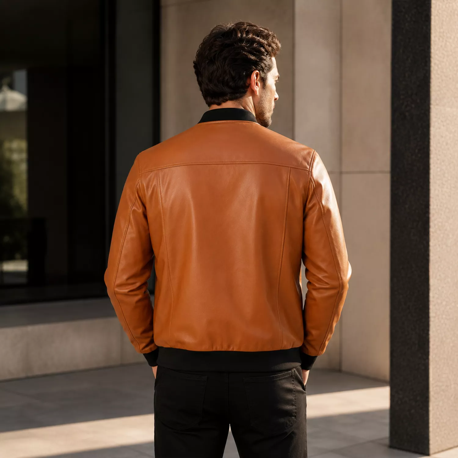 Men’s Camel Brown Leather Bomber Jacket with Black Ribbed Collar