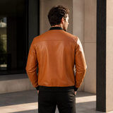 Men’s Camel Brown Leather Bomber Jacket with Black Ribbed Collar