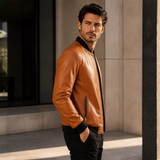 Men’s Camel Brown Leather Bomber Jacket with Black Ribbed Collar