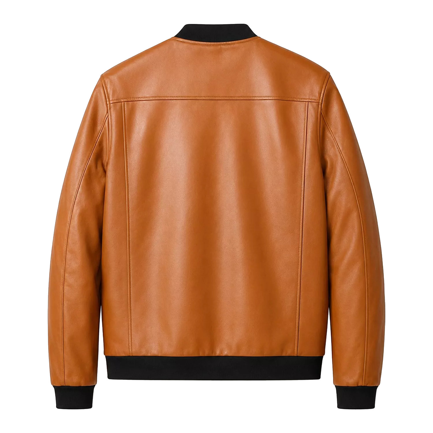 Men’s Camel Brown Leather Bomber Jacket with Black Ribbed Collar