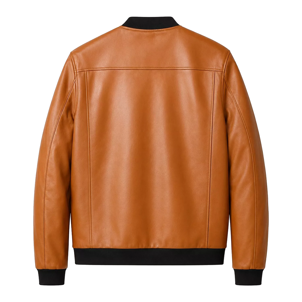 Men’s Tan Leather Bomber Jacket with Black Ribbed Collar & Zipper Pockets