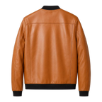 Men’s Tan Leather Bomber Jacket with Black Ribbed Collar & Zipper Pockets