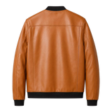 Men’s Camel Brown Leather Bomber Jacket with Black Ribbed Collar